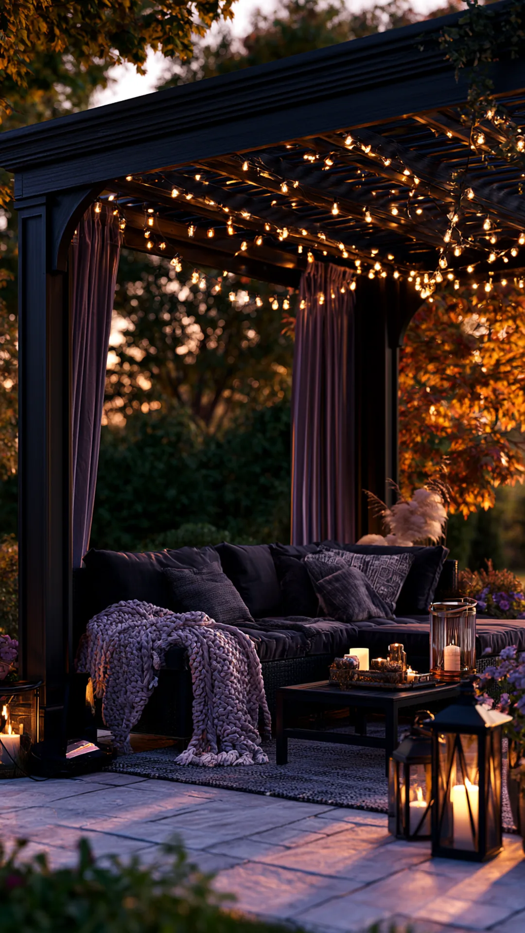backyard pergola styled for a cozy fall evening with string lights, photo 2 of 4