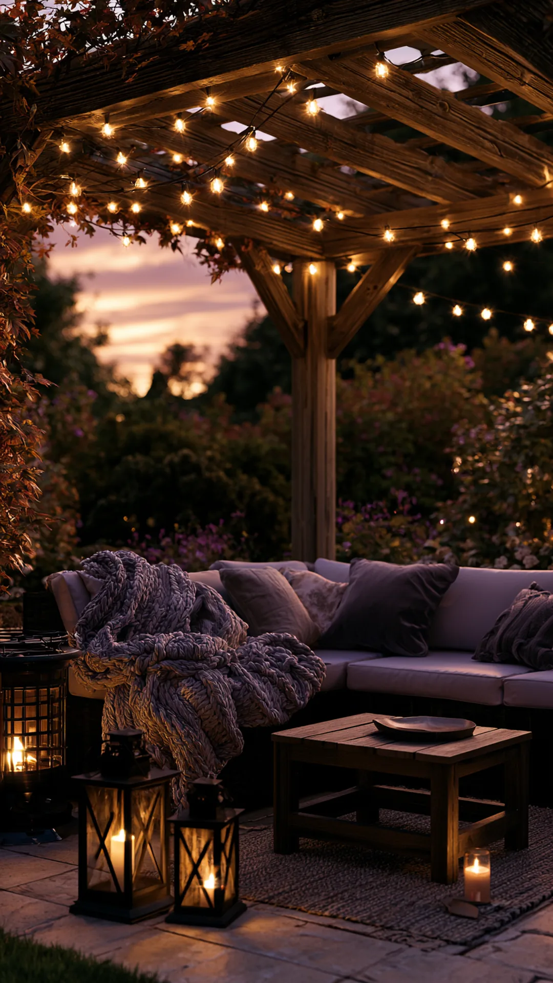 backyard pergola styled for a cozy fall evening with string lights, photo 3 of 4
