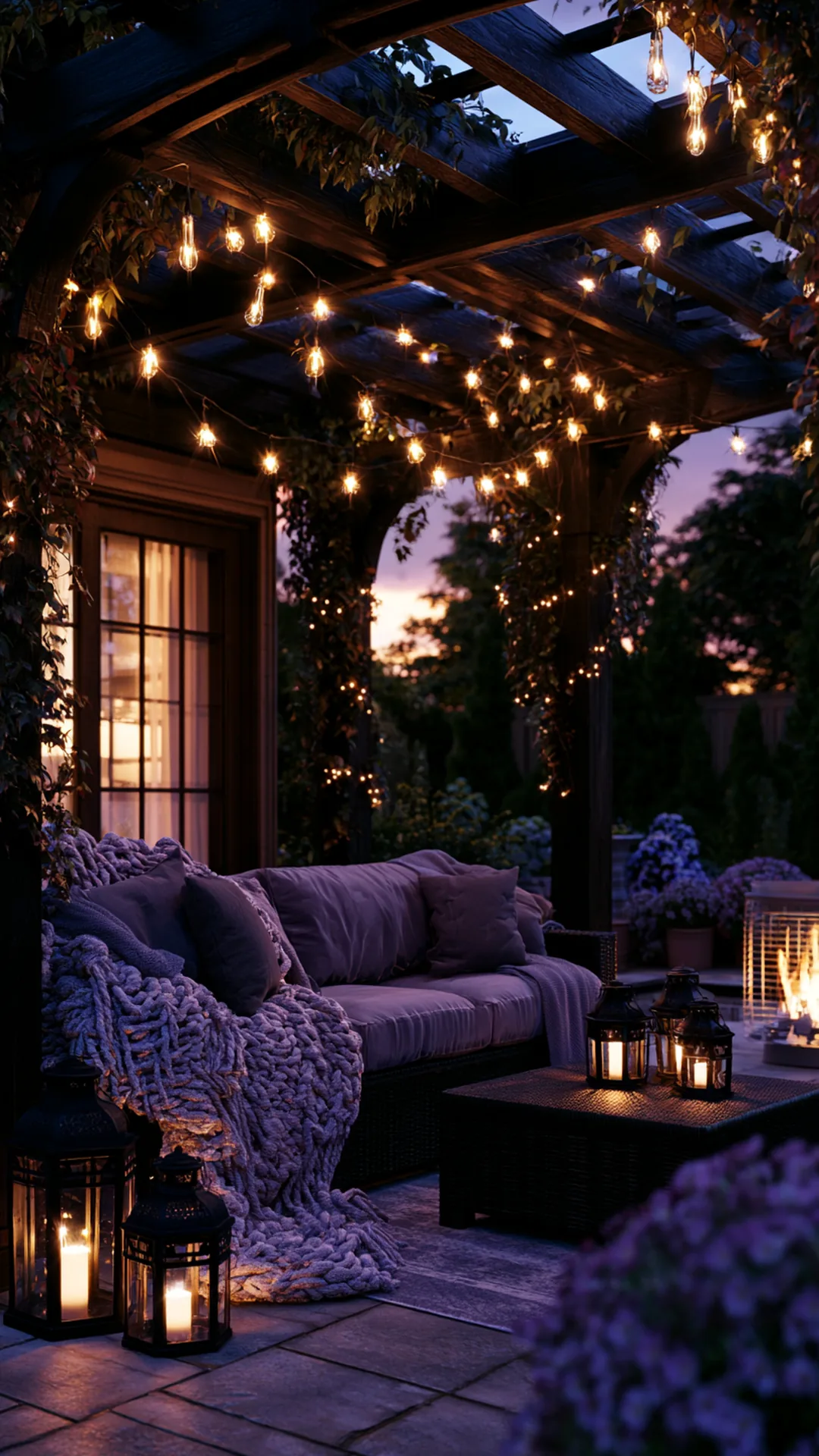 backyard pergola styled for a cozy fall evening with string lights, photo 4 of 4