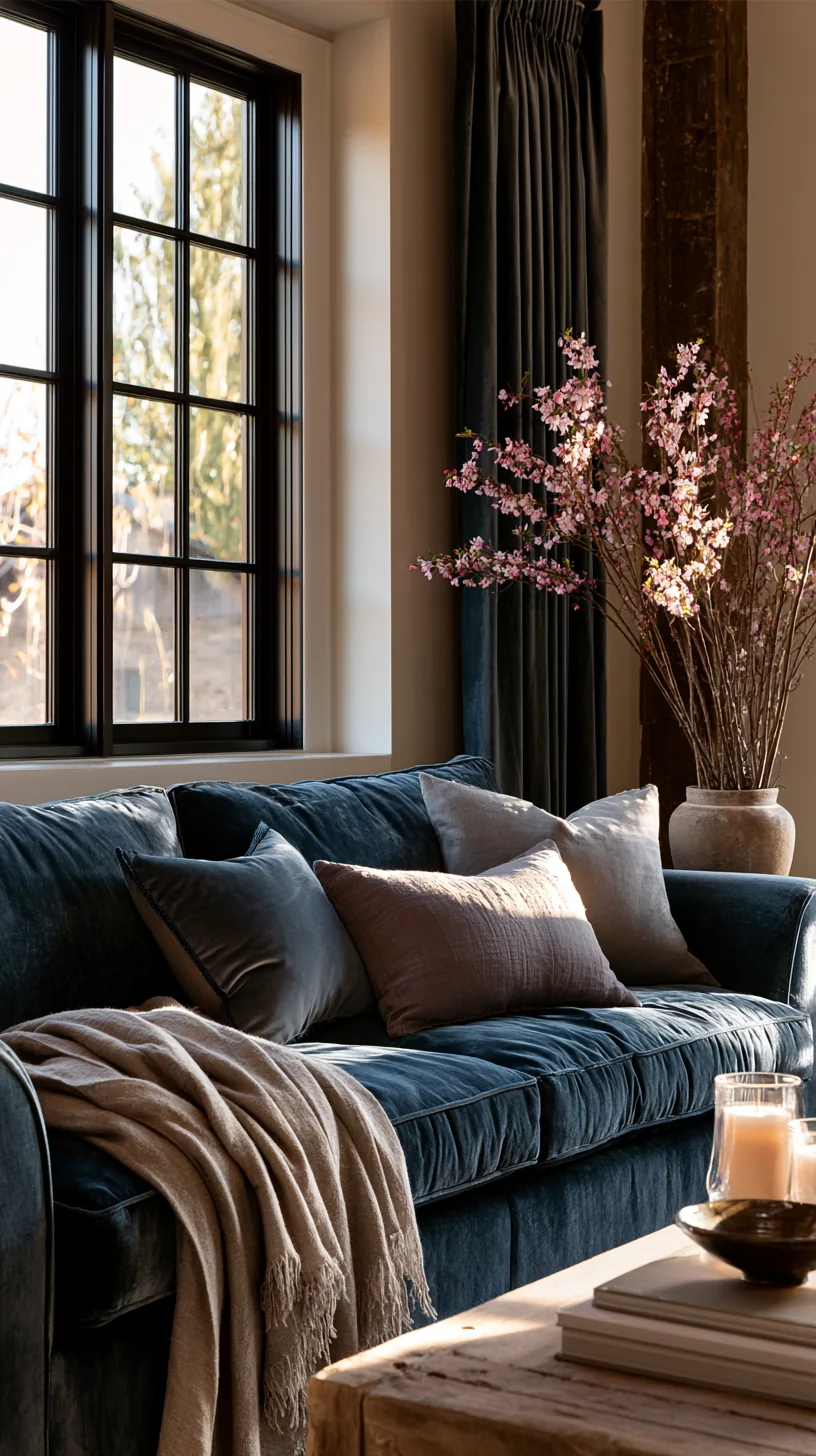 warm greige wall behind a blue couch in a bright living room, photo 1 of 4