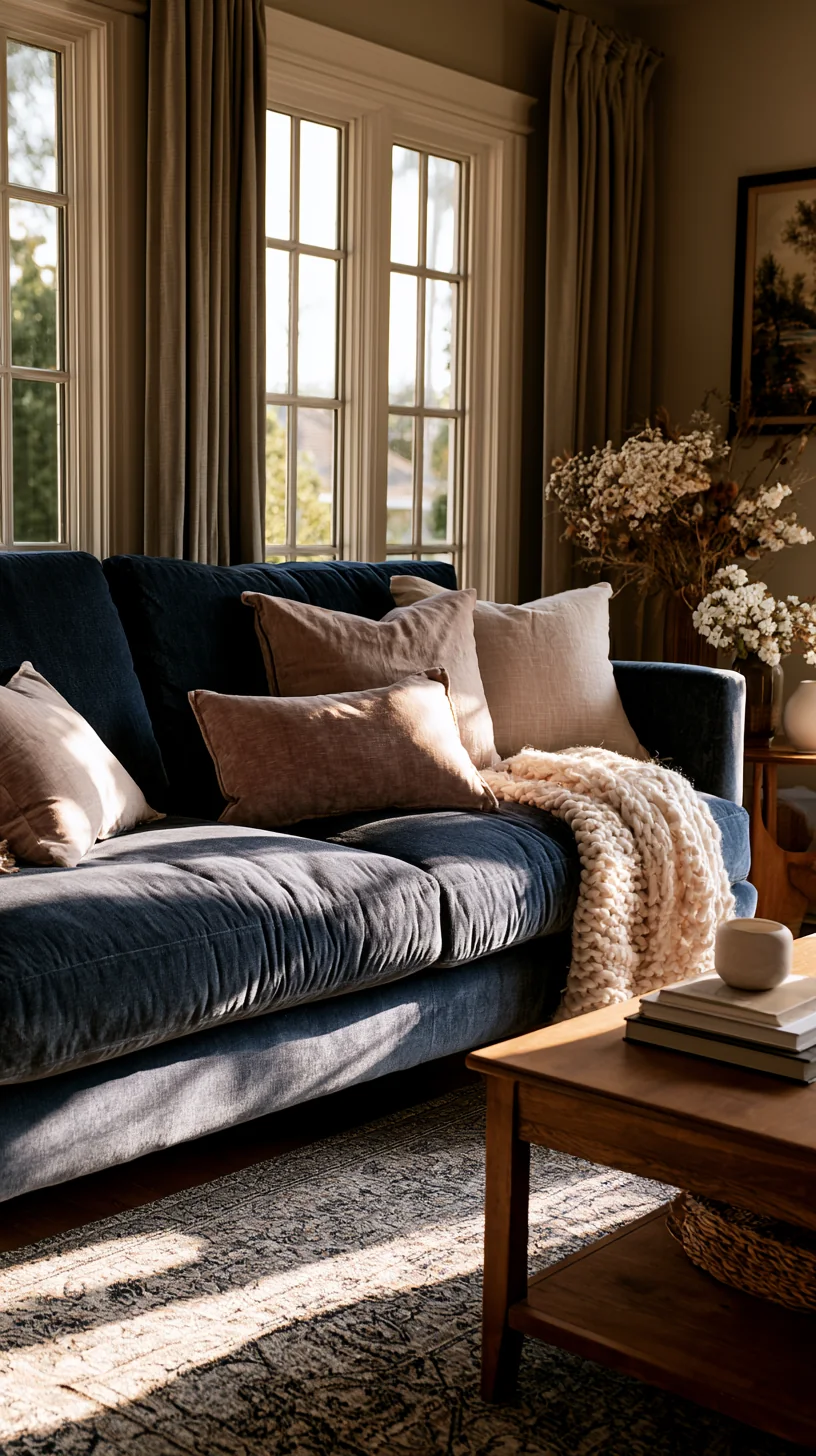 warm greige wall behind a blue couch in a bright living room, photo 2 of 4