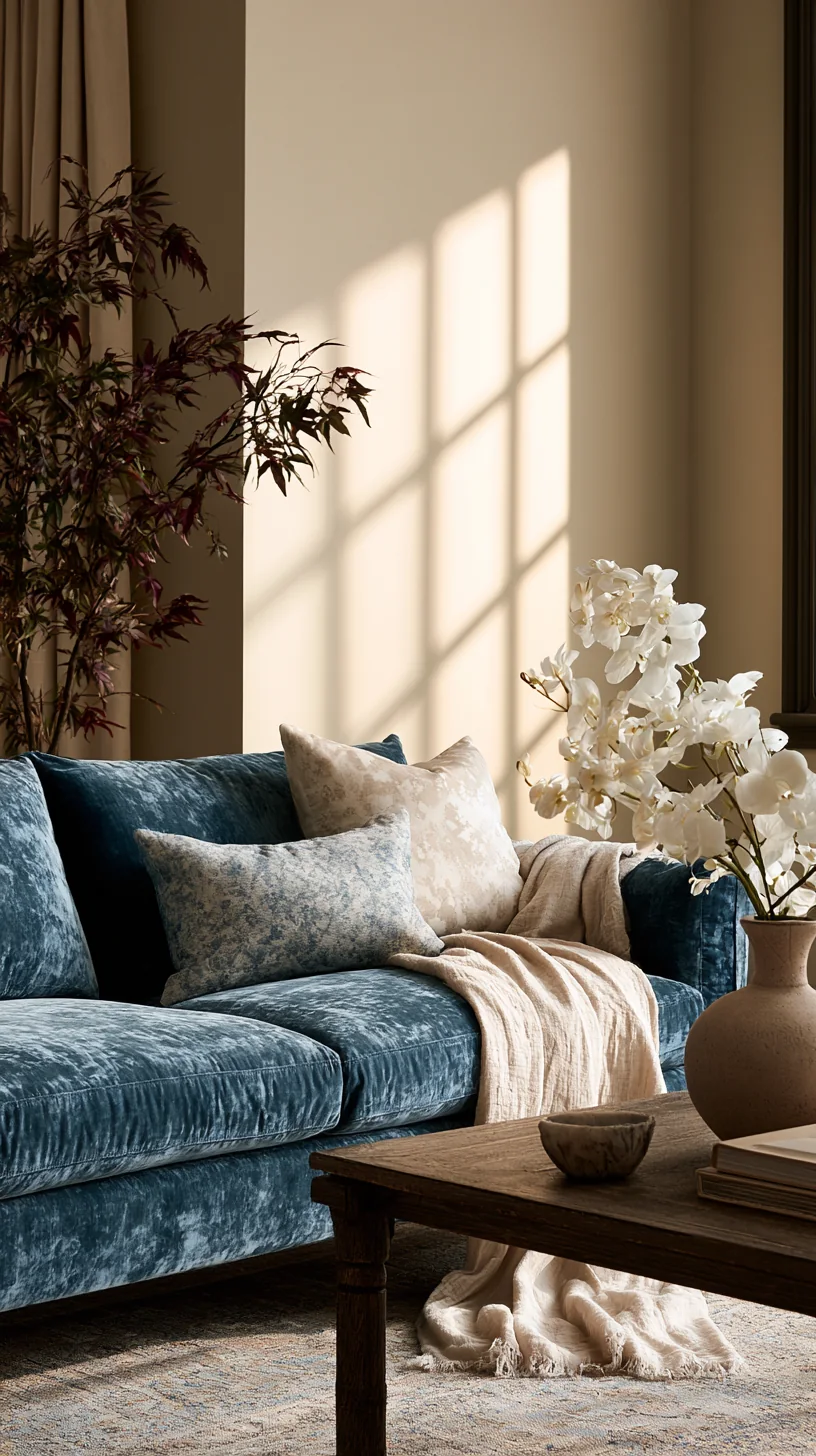 warm greige wall behind a blue couch in a bright living room, photo 3 of 4
