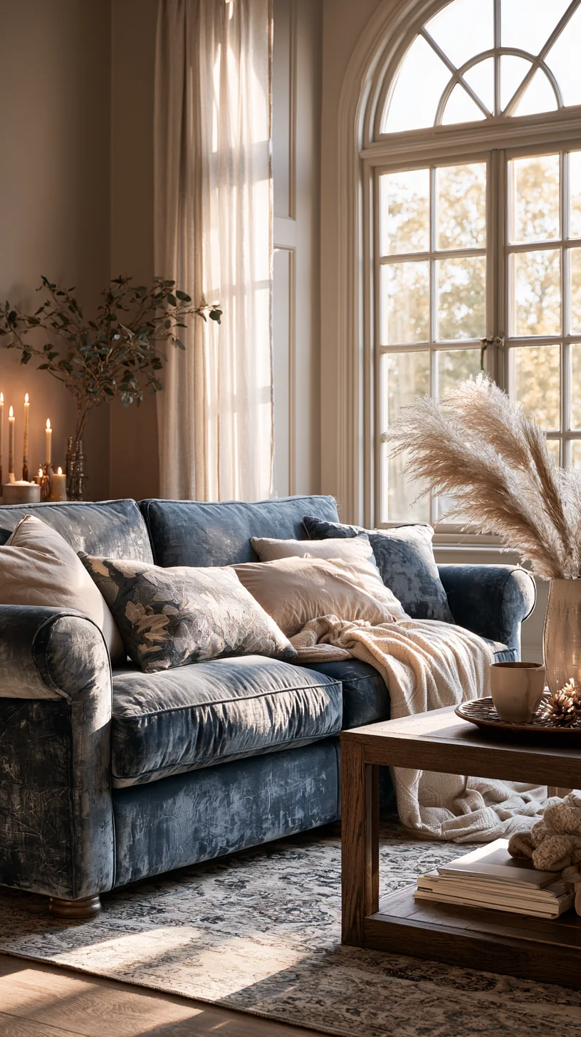 warm greige wall behind a blue couch in a bright living room, photo 4 of 4