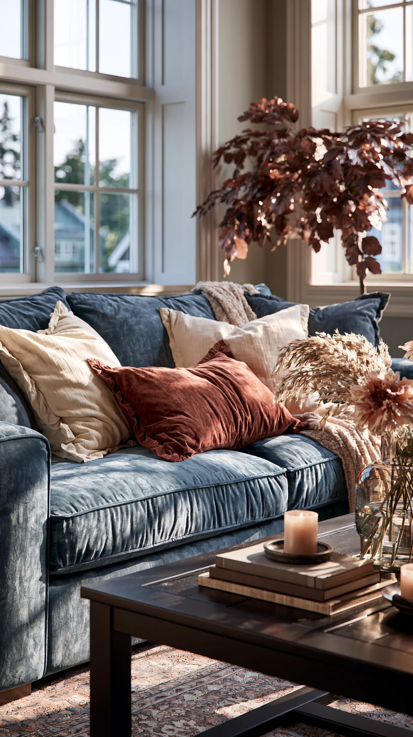 cream and rust throw pillows layered on a blue couch, photo 1 of 4