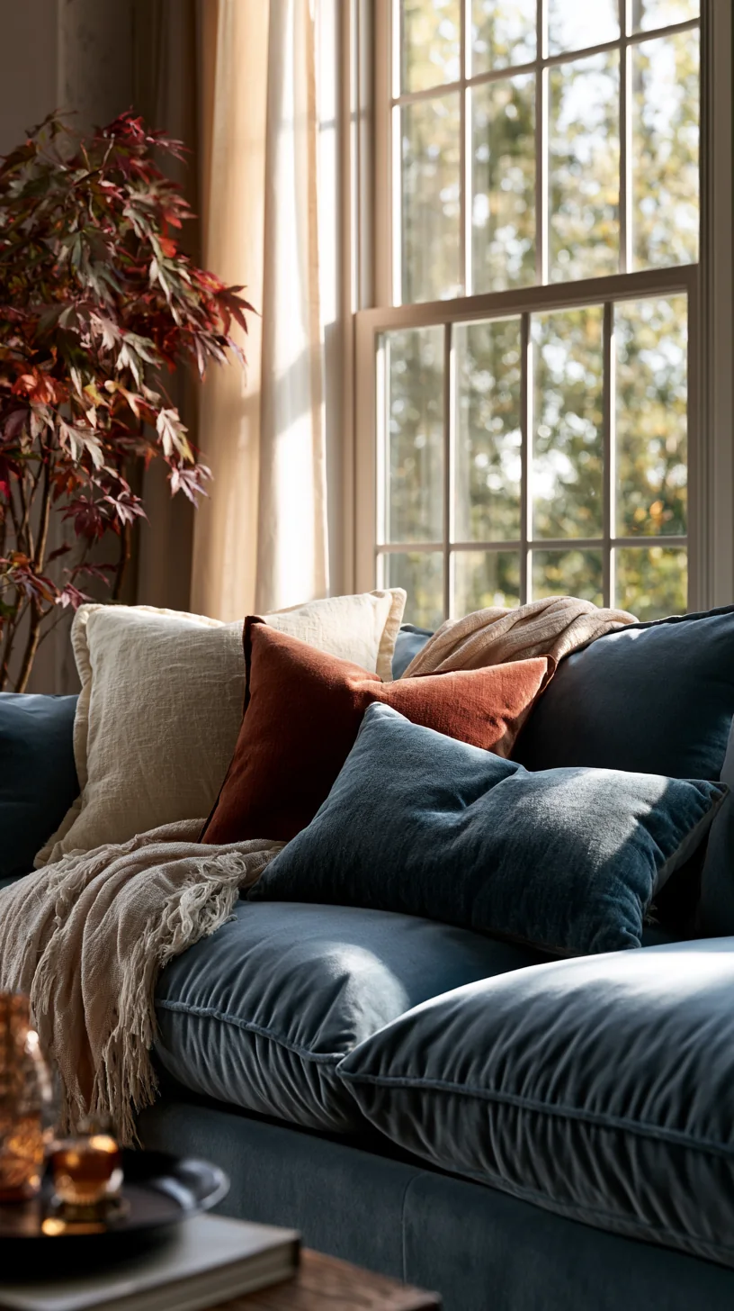cream and rust throw pillows layered on a blue couch, photo 2 of 4