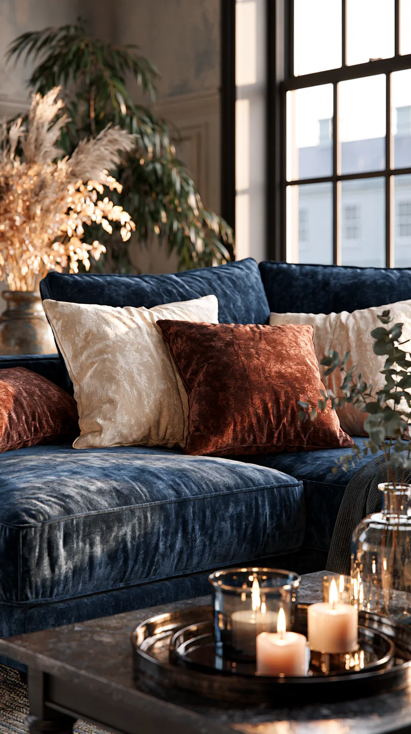 cream and rust throw pillows layered on a blue couch, photo 3 of 4