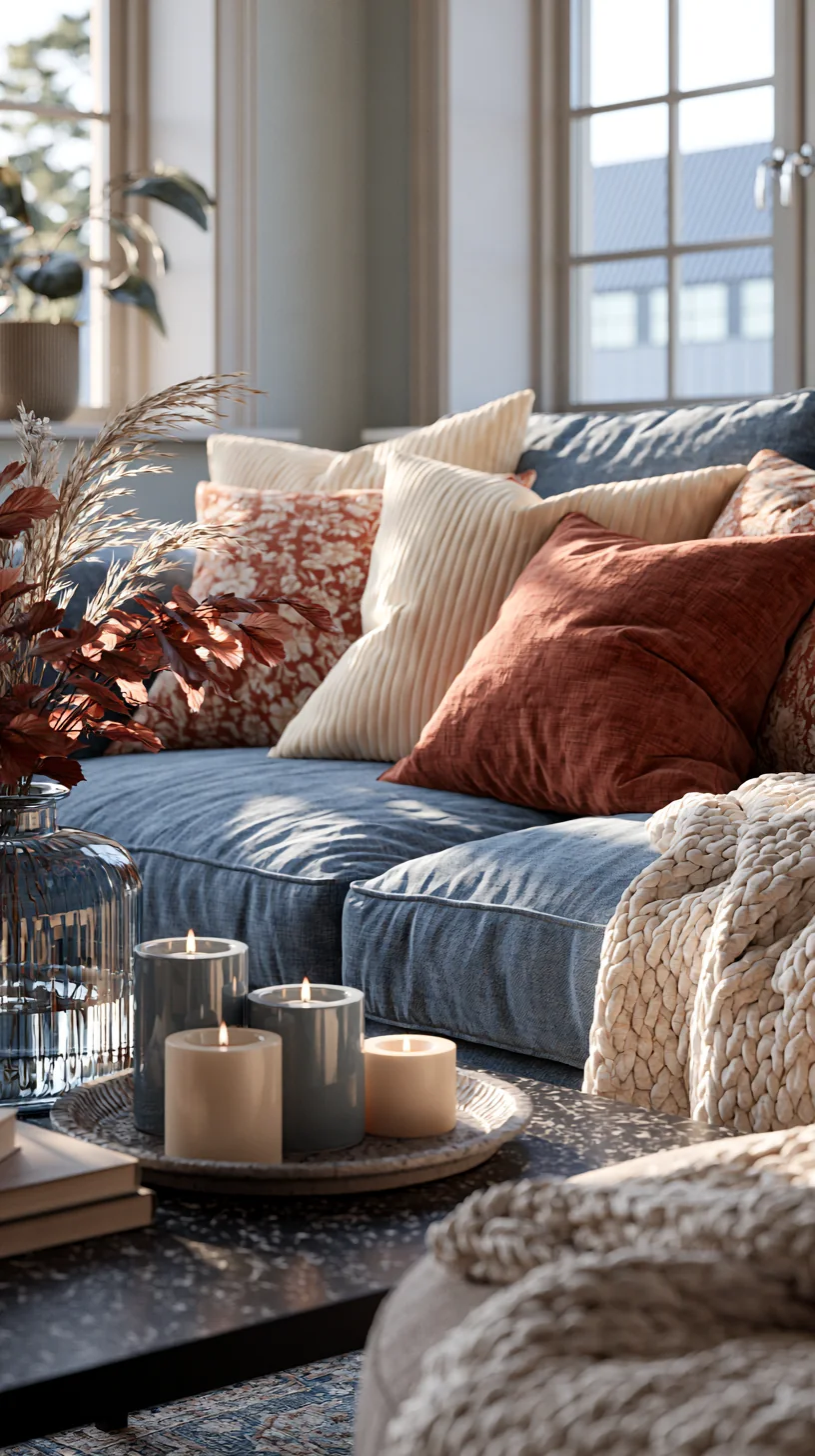 cream and rust throw pillows layered on a blue couch, photo 4 of 4