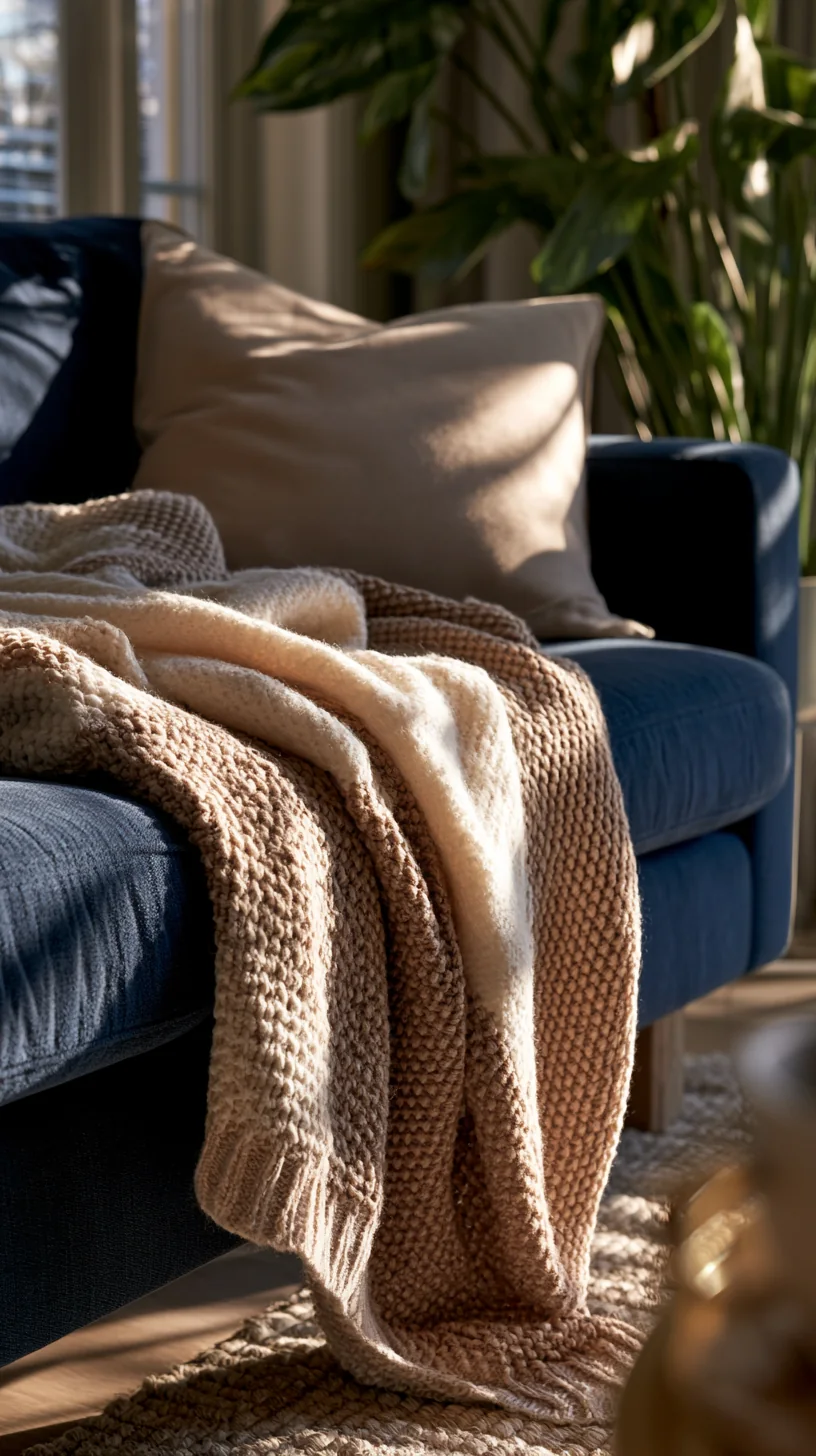 chunky cream knit throw draped over a blue couch, photo 1 of 4