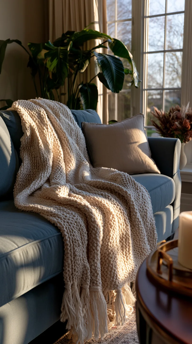 chunky cream knit throw draped over a blue couch, photo 2 of 4