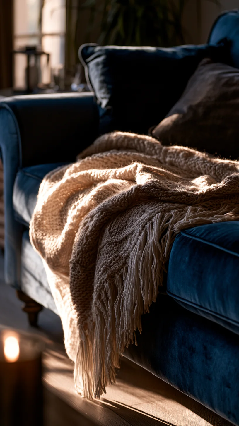 chunky cream knit throw draped over a blue couch, photo 3 of 4