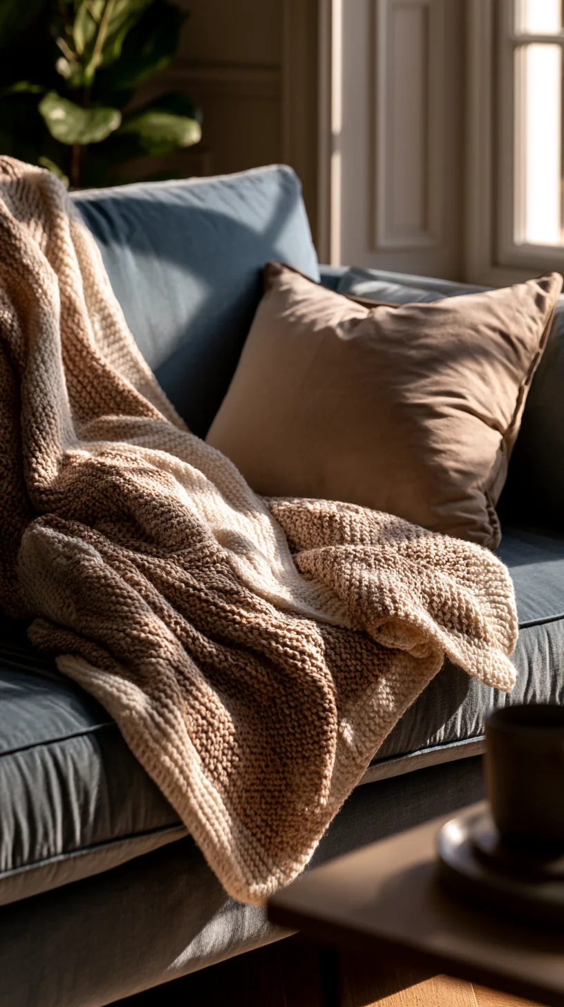 chunky cream knit throw draped over a blue couch, photo 4 of 4