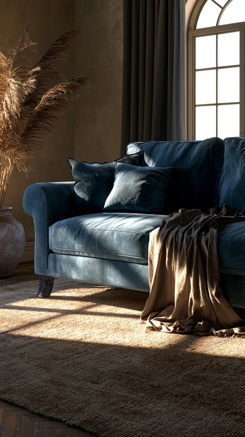 warm jute area rug under a blue couch in a bright living room, photo 1 of 4