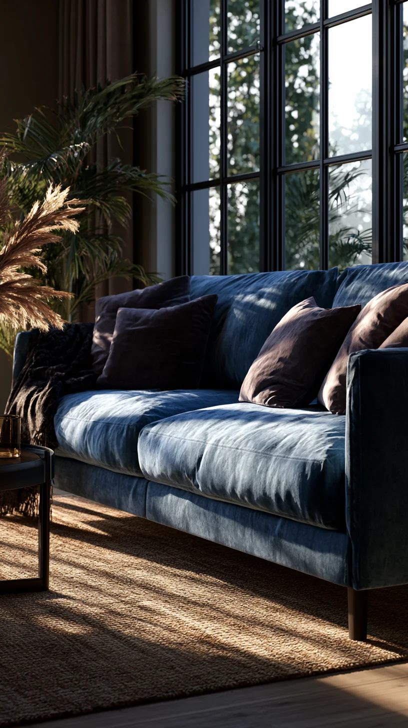 warm jute area rug under a blue couch in a bright living room, photo 2 of 4