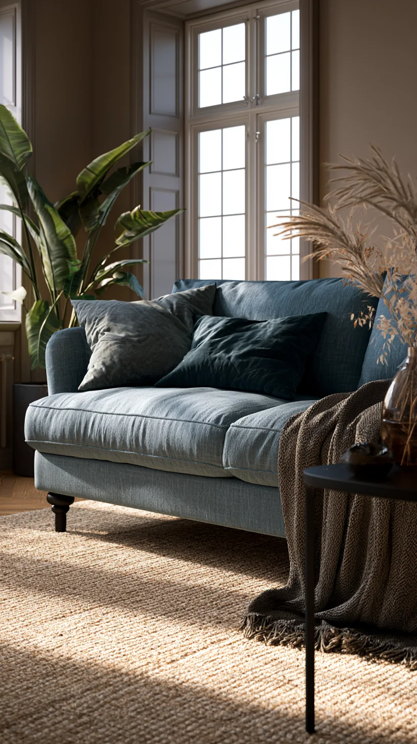 warm jute area rug under a blue couch in a bright living room, photo 3 of 4