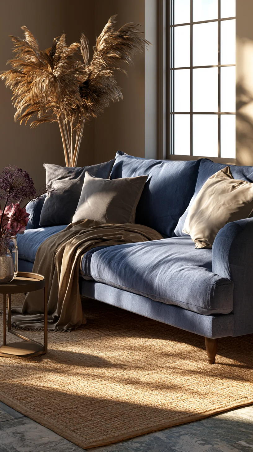 warm jute area rug under a blue couch in a bright living room, photo 4 of 4
