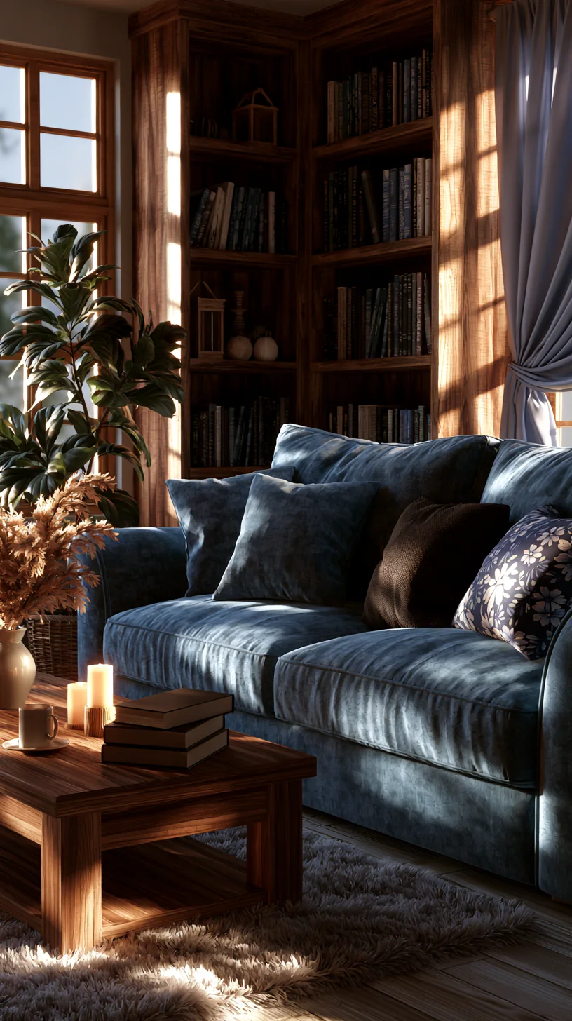 warm light wood coffee table and accents around a blue couch, photo 1 of 4