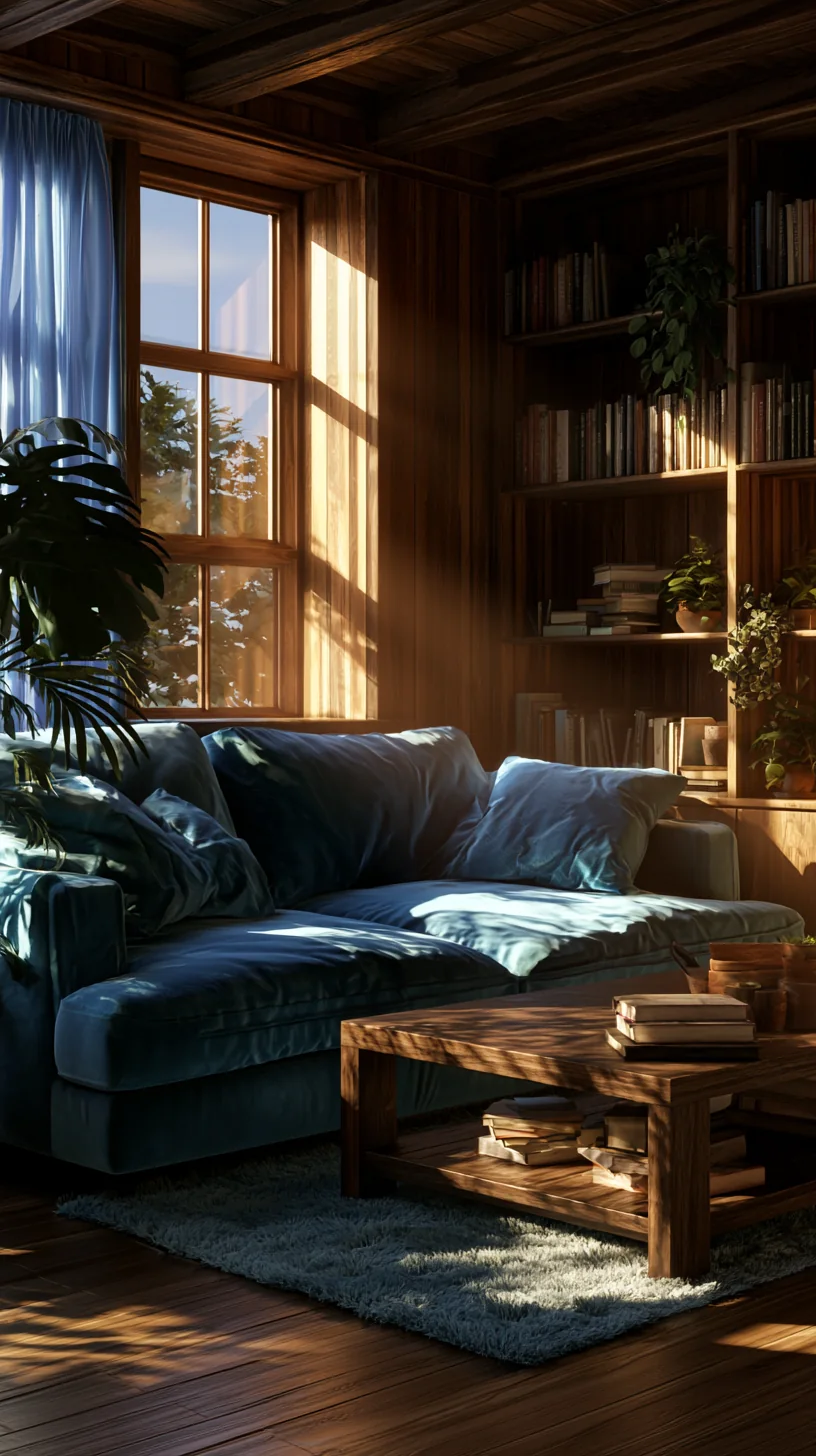 warm light wood coffee table and accents around a blue couch, photo 2 of 4