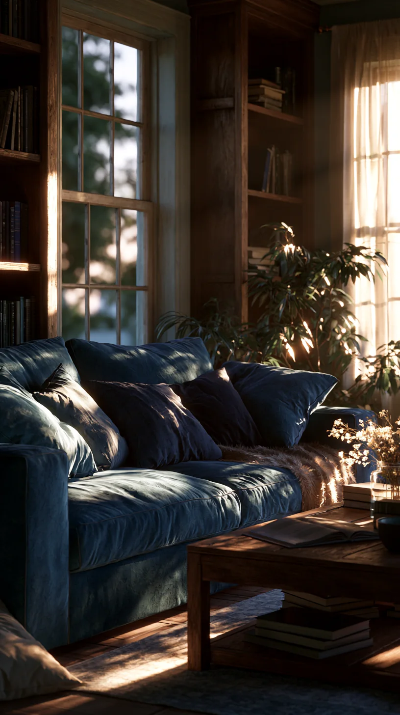 warm light wood coffee table and accents around a blue couch, photo 3 of 4