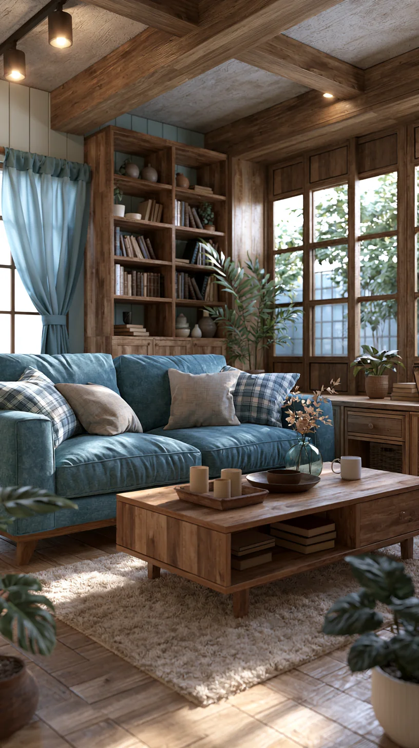 warm light wood coffee table and accents around a blue couch, photo 4 of 4