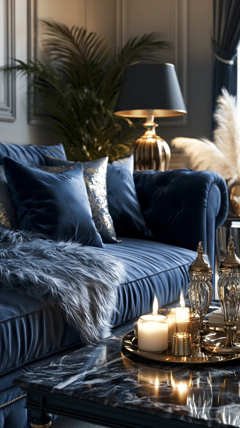 brass candle holders and gold accents near a blue couch, photo 1 of 4