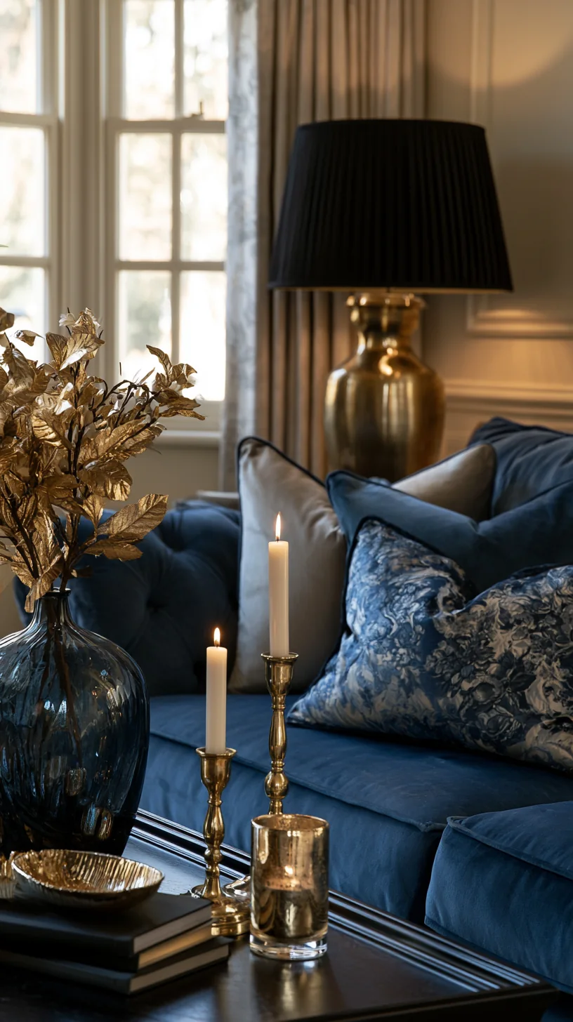brass candle holders and gold accents near a blue couch, photo 2 of 4