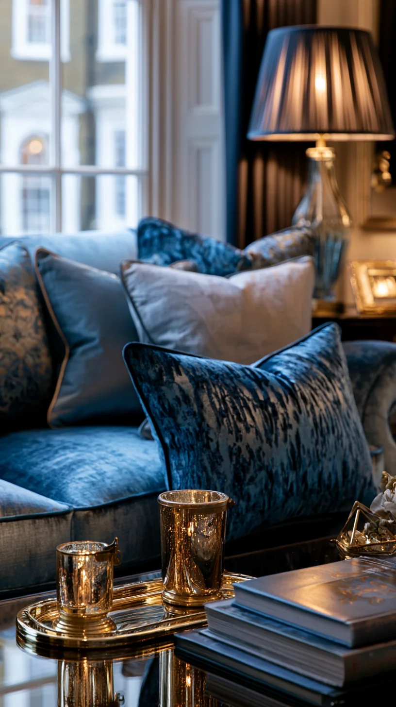 brass candle holders and gold accents near a blue couch, photo 3 of 4