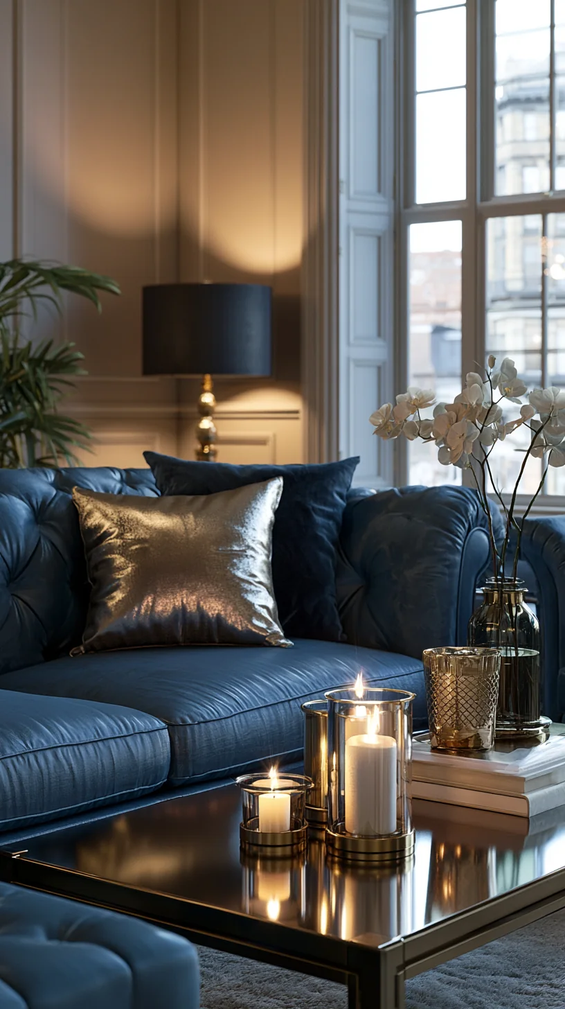 brass candle holders and gold accents near a blue couch, photo 4 of 4