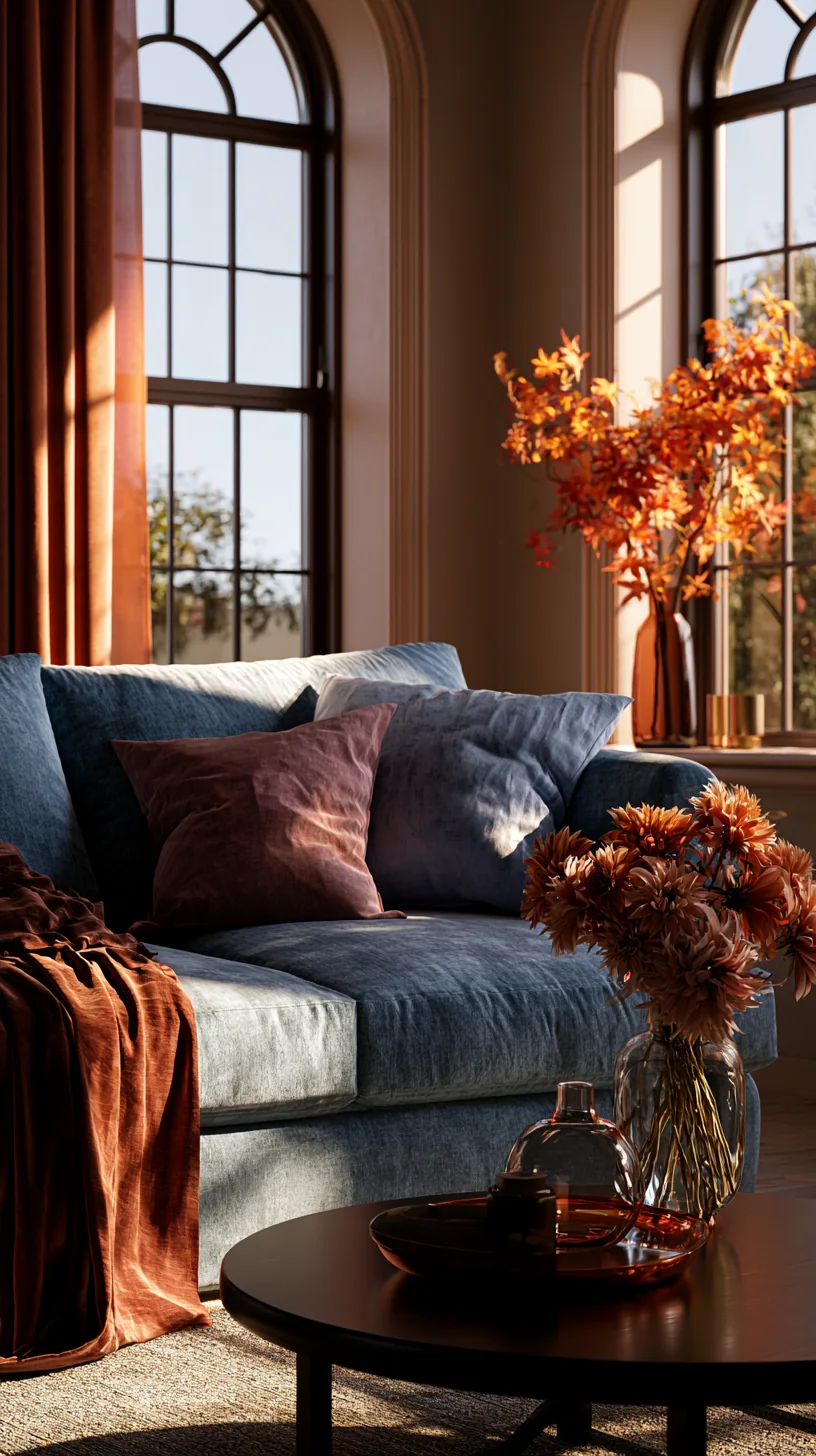 terracotta and burnt orange accents warming up a blue couch, photo 1 of 4