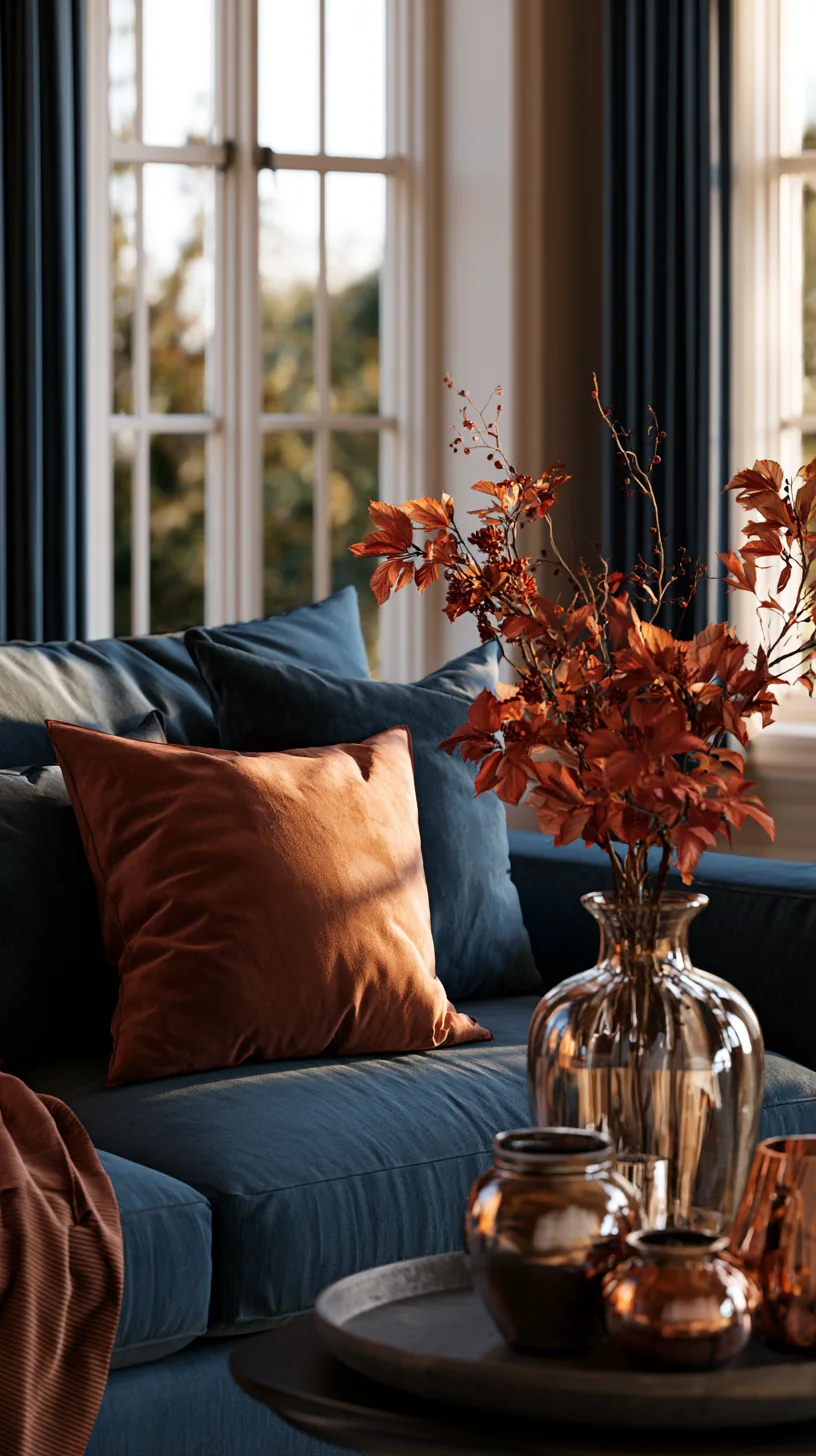 terracotta and burnt orange accents warming up a blue couch, photo 2 of 4