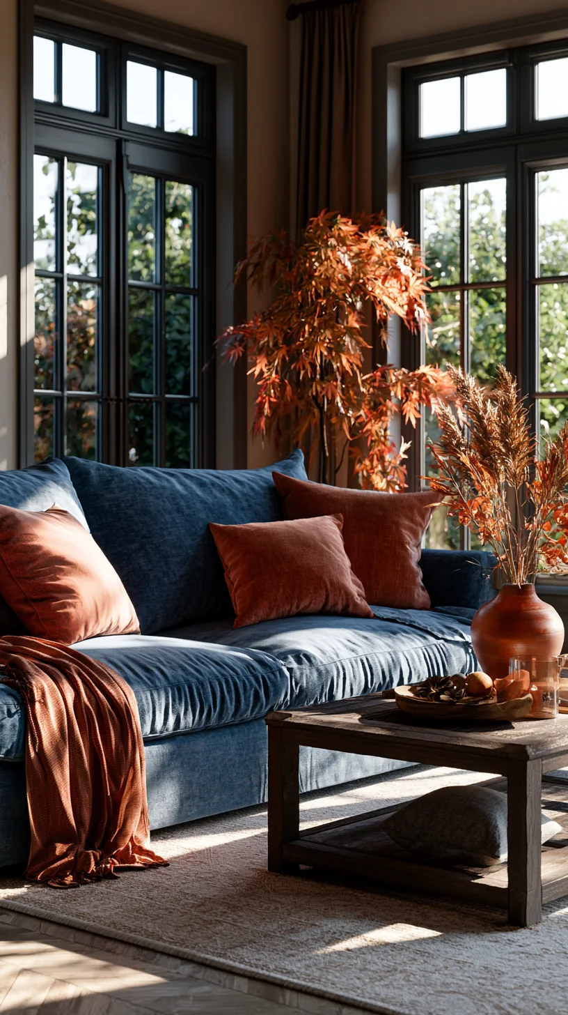terracotta and burnt orange accents warming up a blue couch, photo 3 of 4