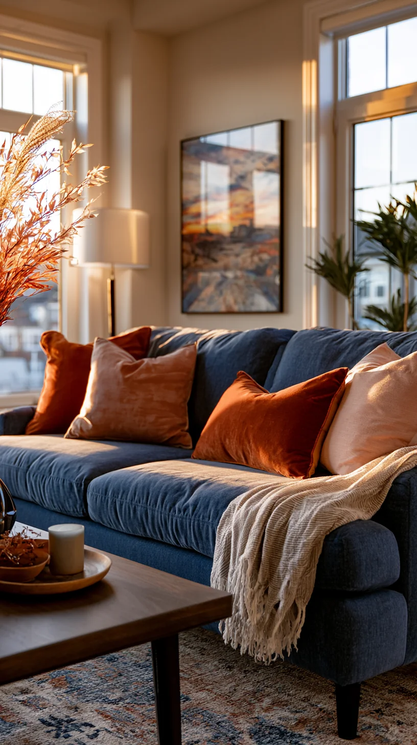 terracotta and burnt orange accents warming up a blue couch, photo 4 of 4