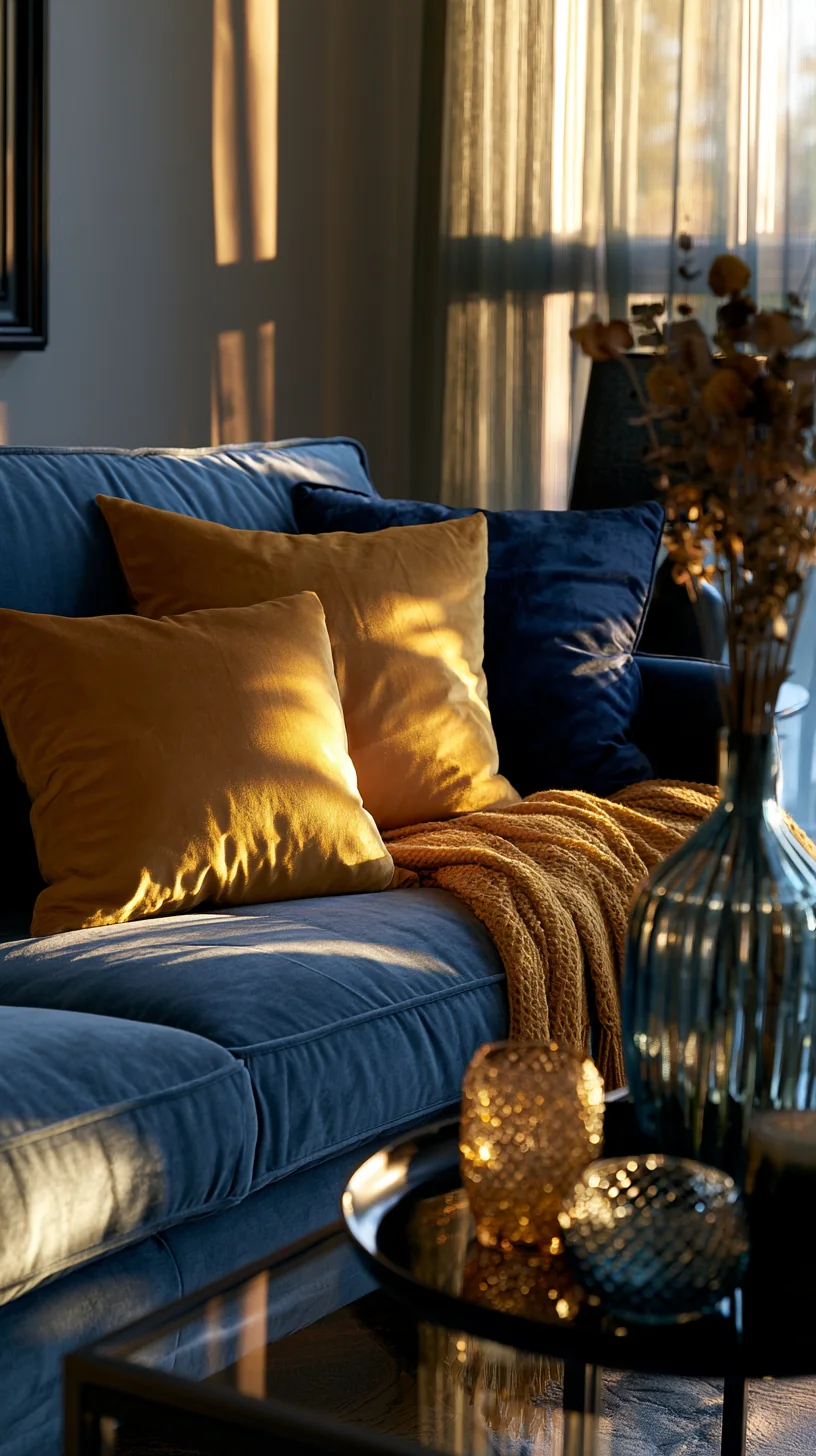 mustard yellow velvet accents styled with a blue couch, photo 1 of 4