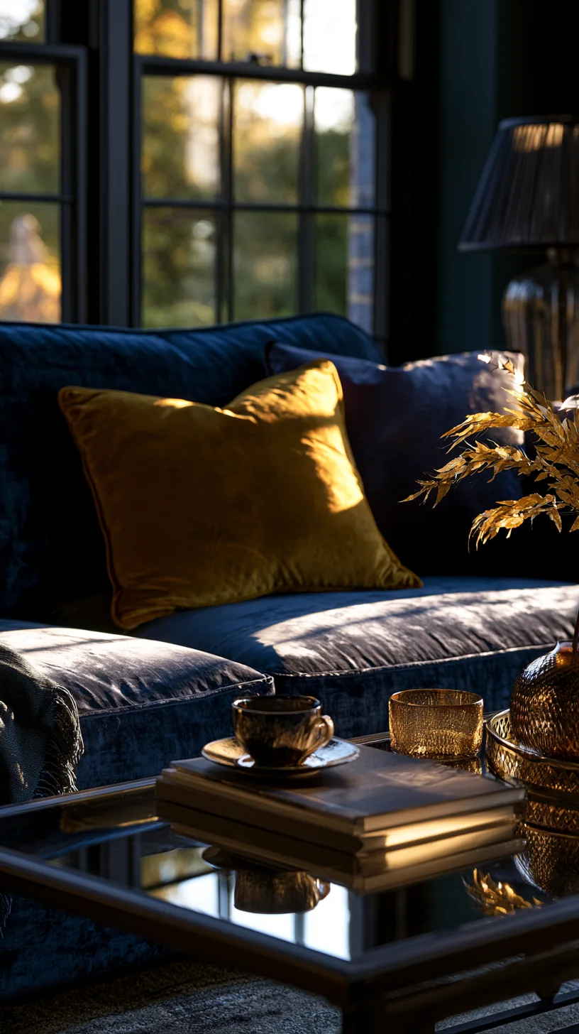 mustard yellow velvet accents styled with a blue couch, photo 2 of 4