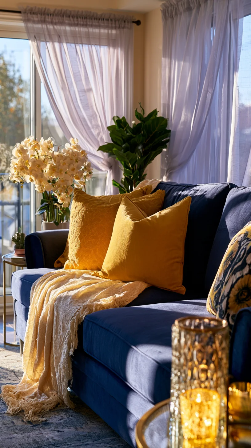 mustard yellow velvet accents styled with a blue couch, photo 3 of 4