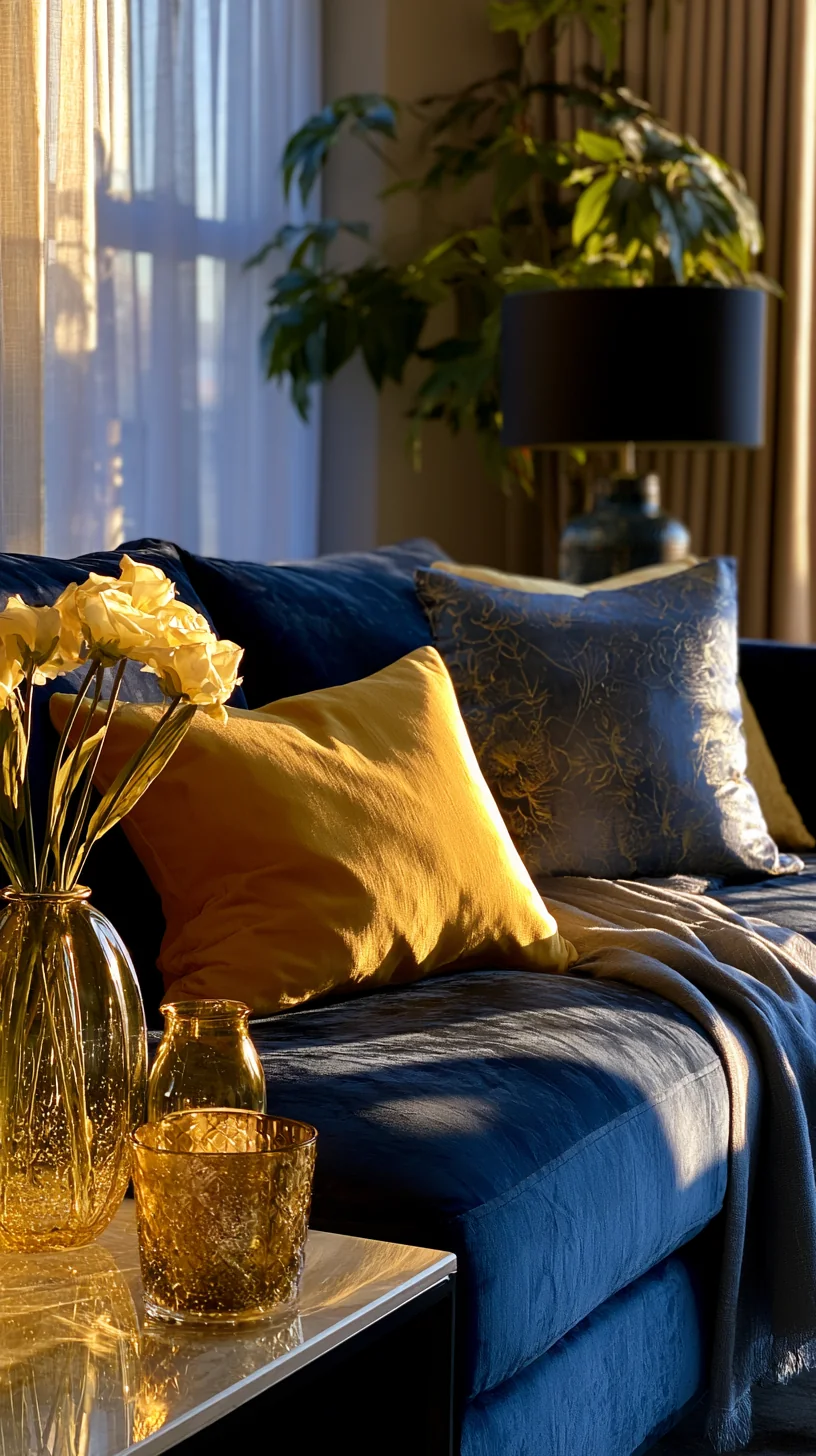 mustard yellow velvet accents styled with a blue couch, photo 4 of 4
