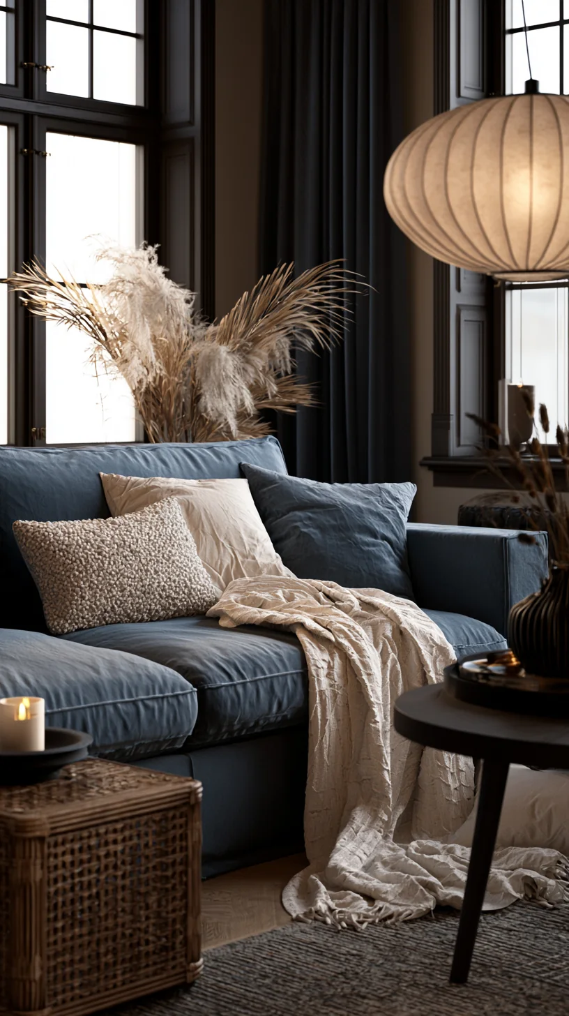 rattan and boucle textures around a blue couch, photo 1 of 4