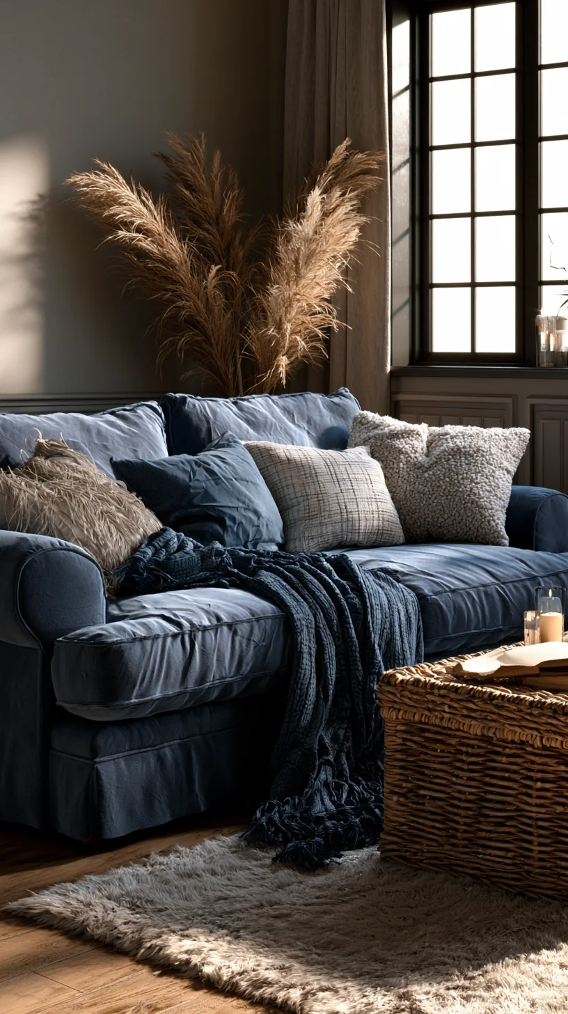 rattan and boucle textures around a blue couch, photo 2 of 4