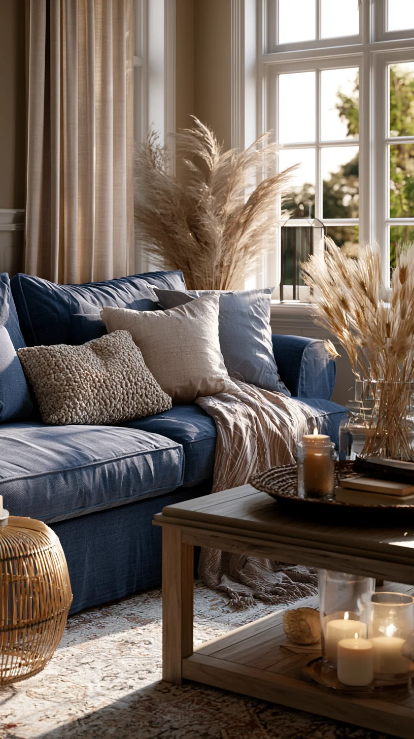 rattan and boucle textures around a blue couch, photo 3 of 4