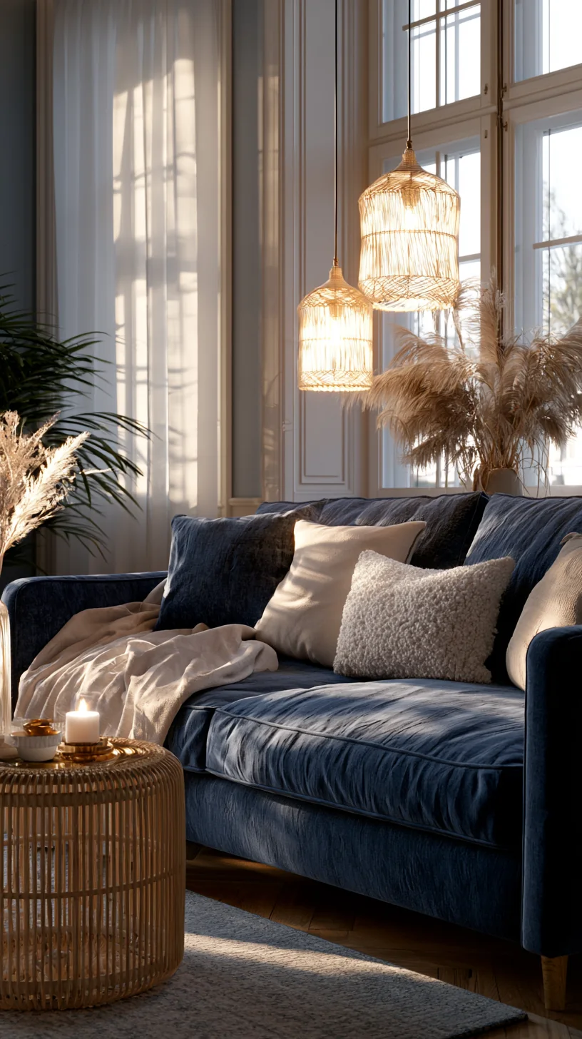 rattan and boucle textures around a blue couch, photo 4 of 4