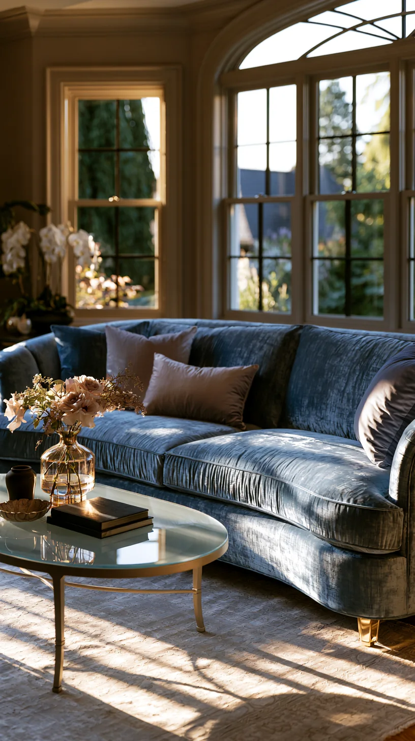 light glass coffee table in front of a blue couch, photo 1 of 4