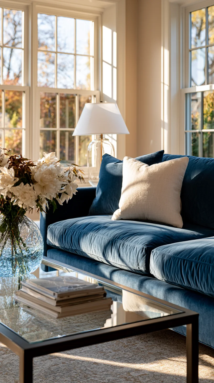 light glass coffee table in front of a blue couch, photo 2 of 4