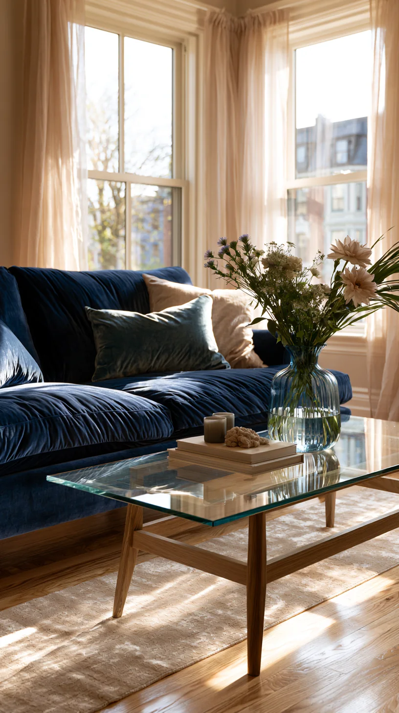 light glass coffee table in front of a blue couch, photo 3 of 4
