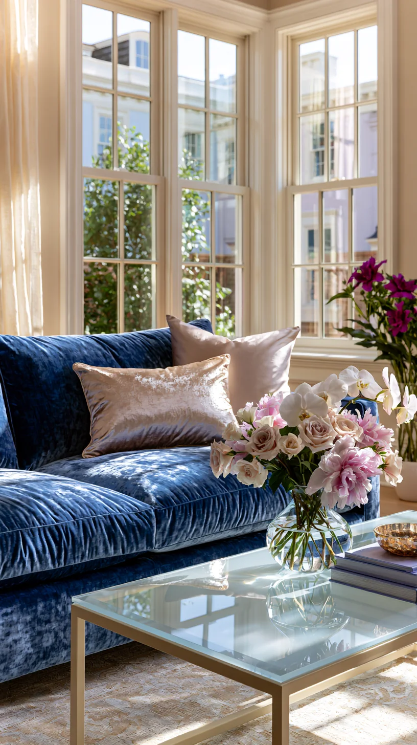 light glass coffee table in front of a blue couch, photo 4 of 4