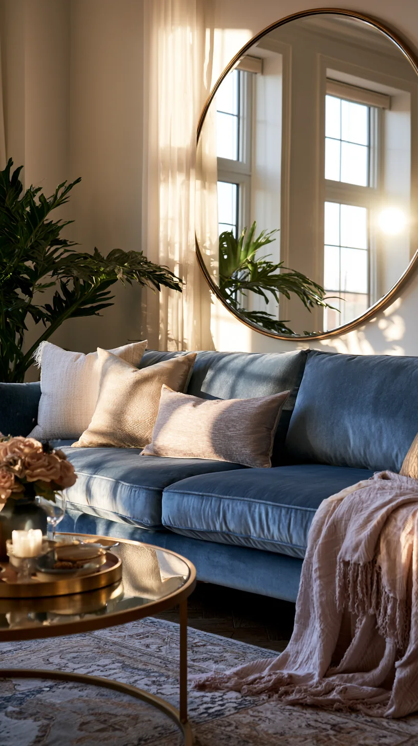 large round mirror bouncing daylight near a blue couch, photo 1 of 4