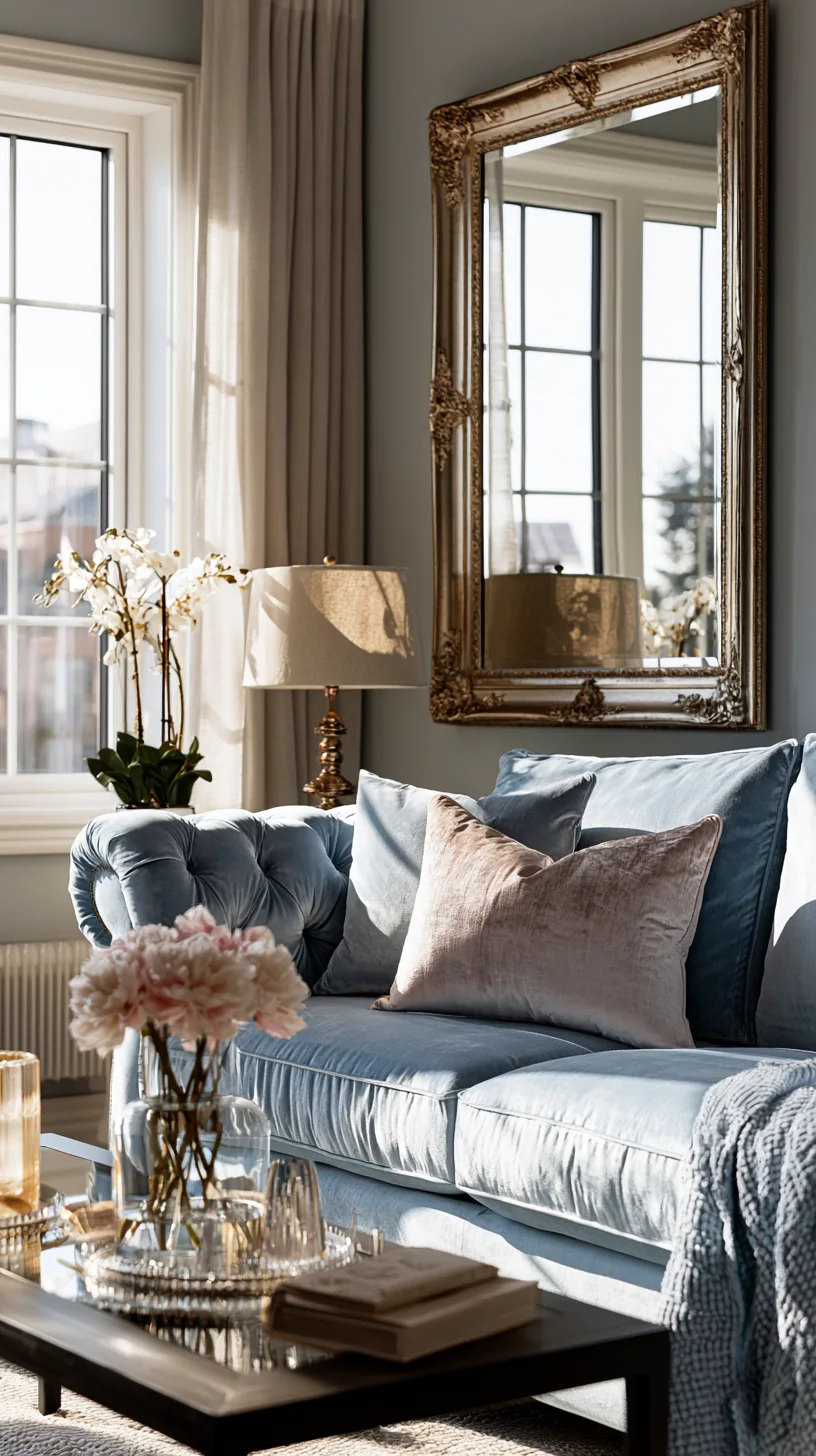 large round mirror bouncing daylight near a blue couch, photo 2 of 4
