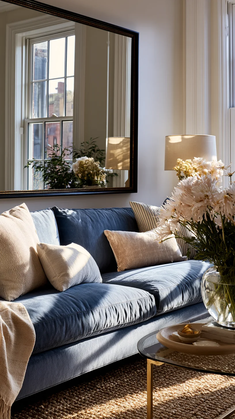 large round mirror bouncing daylight near a blue couch, photo 3 of 4