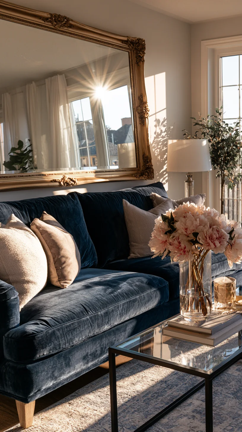 large round mirror bouncing daylight near a blue couch, photo 4 of 4
