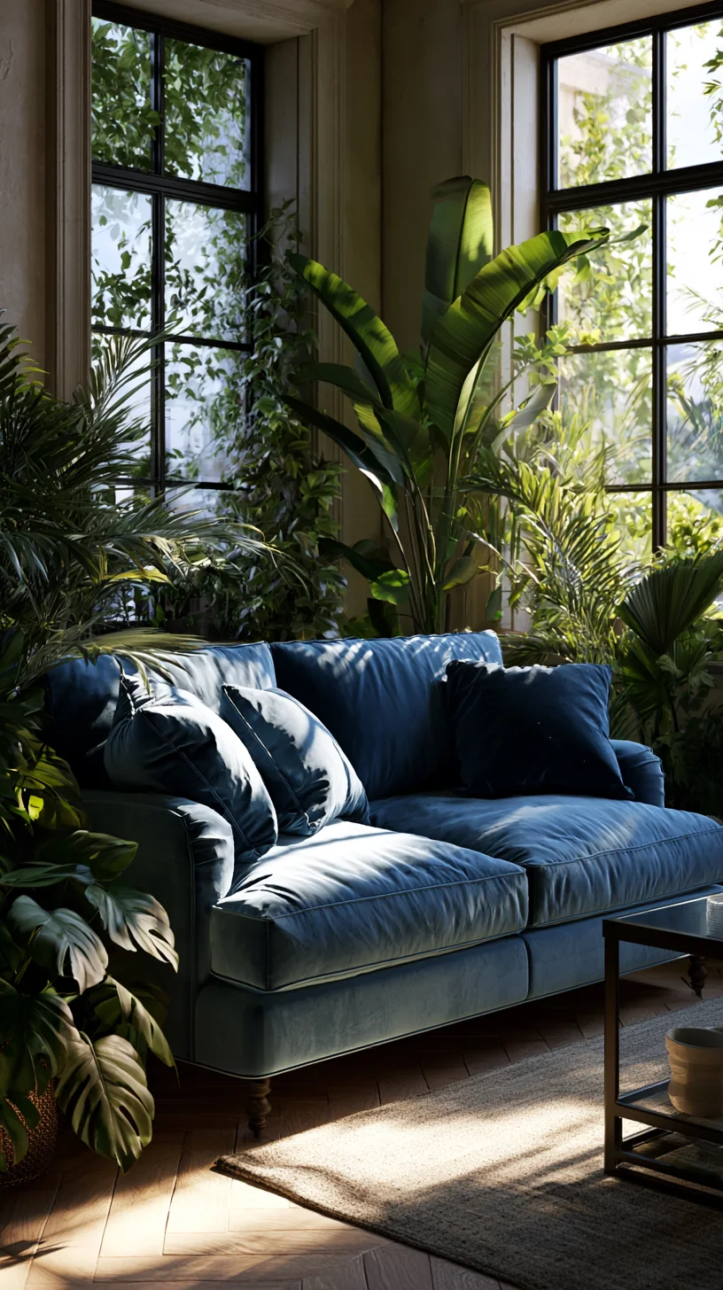 leafy green plants in warm pots beside a blue couch, photo 1 of 4
