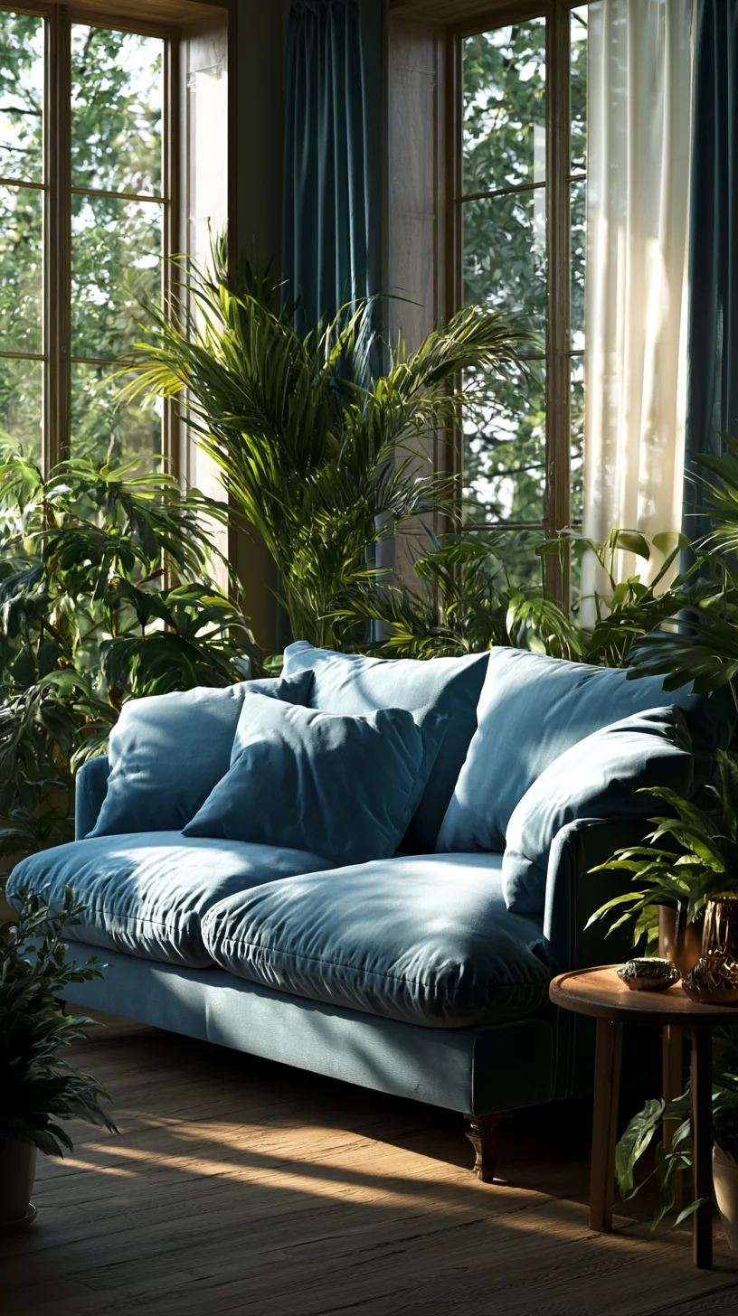 leafy green plants in warm pots beside a blue couch, photo 2 of 4