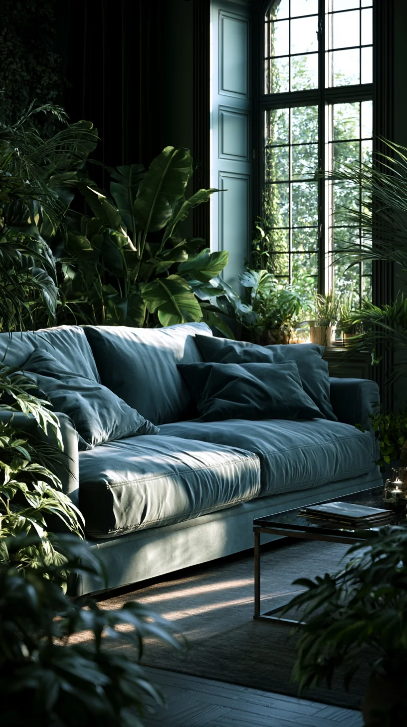leafy green plants in warm pots beside a blue couch, photo 3 of 4